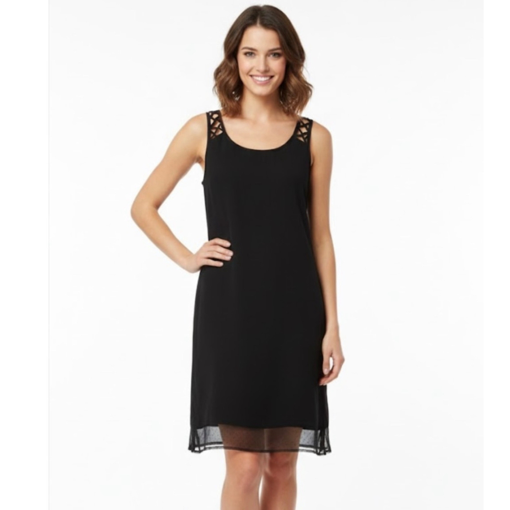 Nicole Miller Black Cutout Straps Polkat Dot Peekaboo Hem Shift Dress Size 4